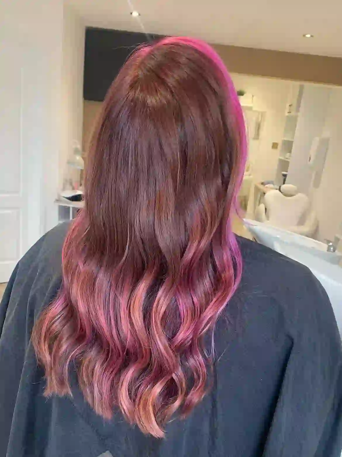 Chocolate cherry hair with hot pink peekaboo